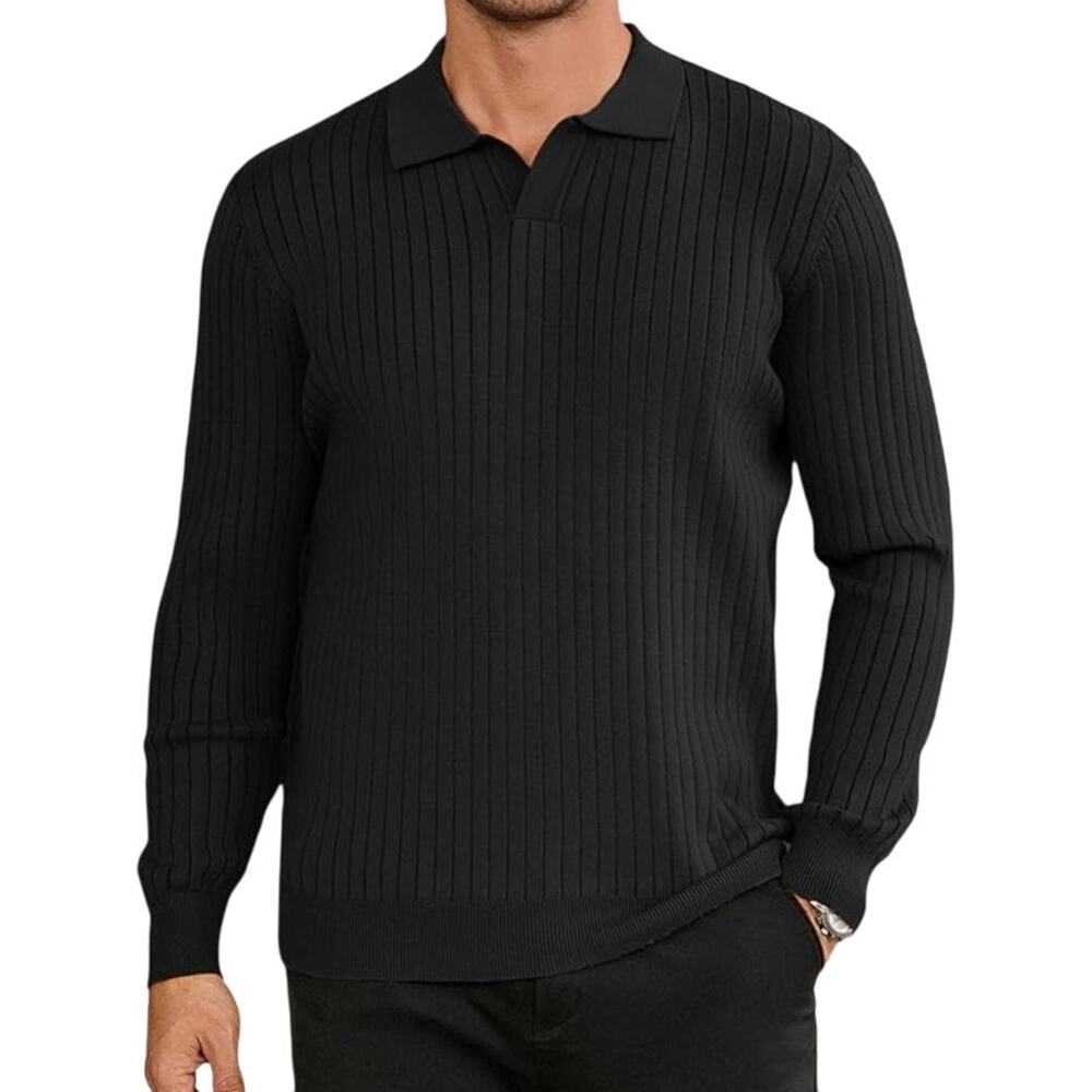 Hardaddy Men's Ribbed Knit Polo Sweater in Black, Size L